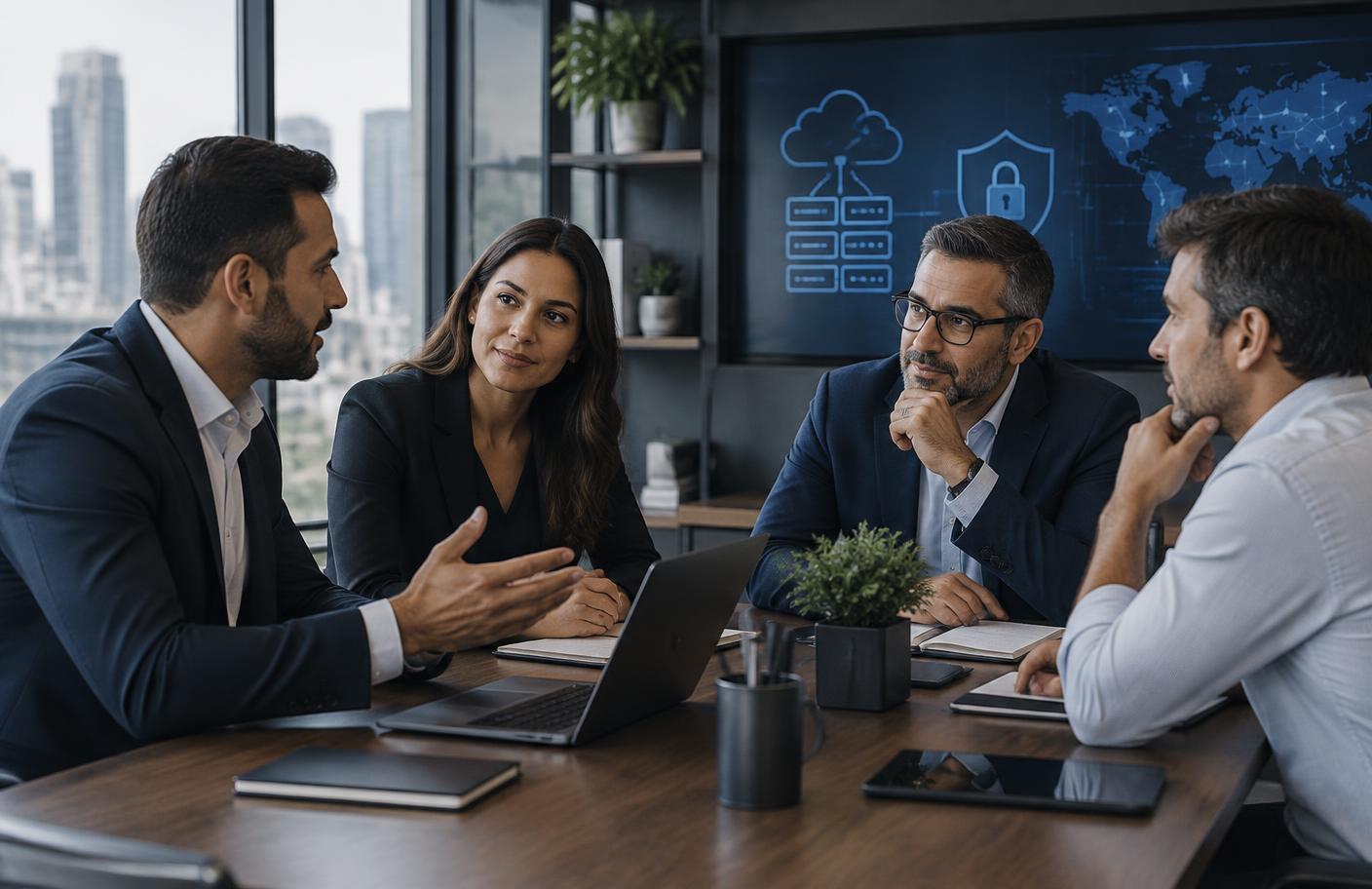 Consultores de tecnologia em reunião empresarial ilustrativa